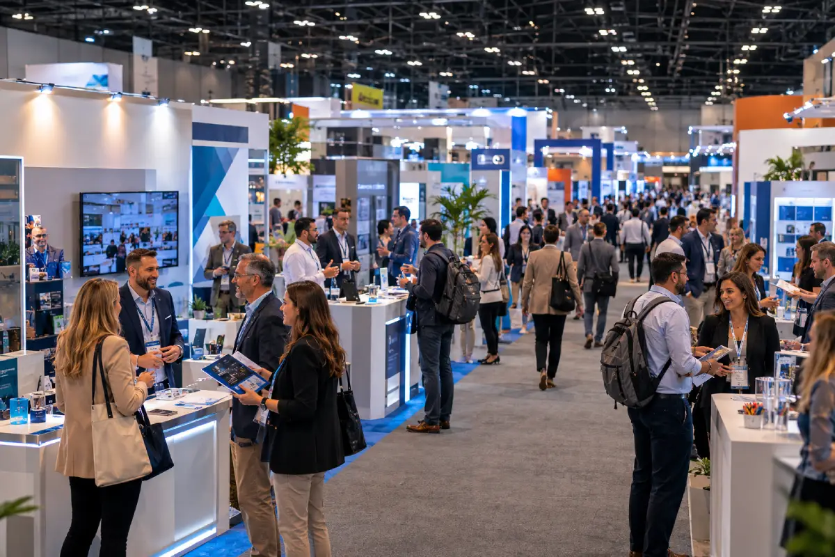 Busy business exhibition with visitors